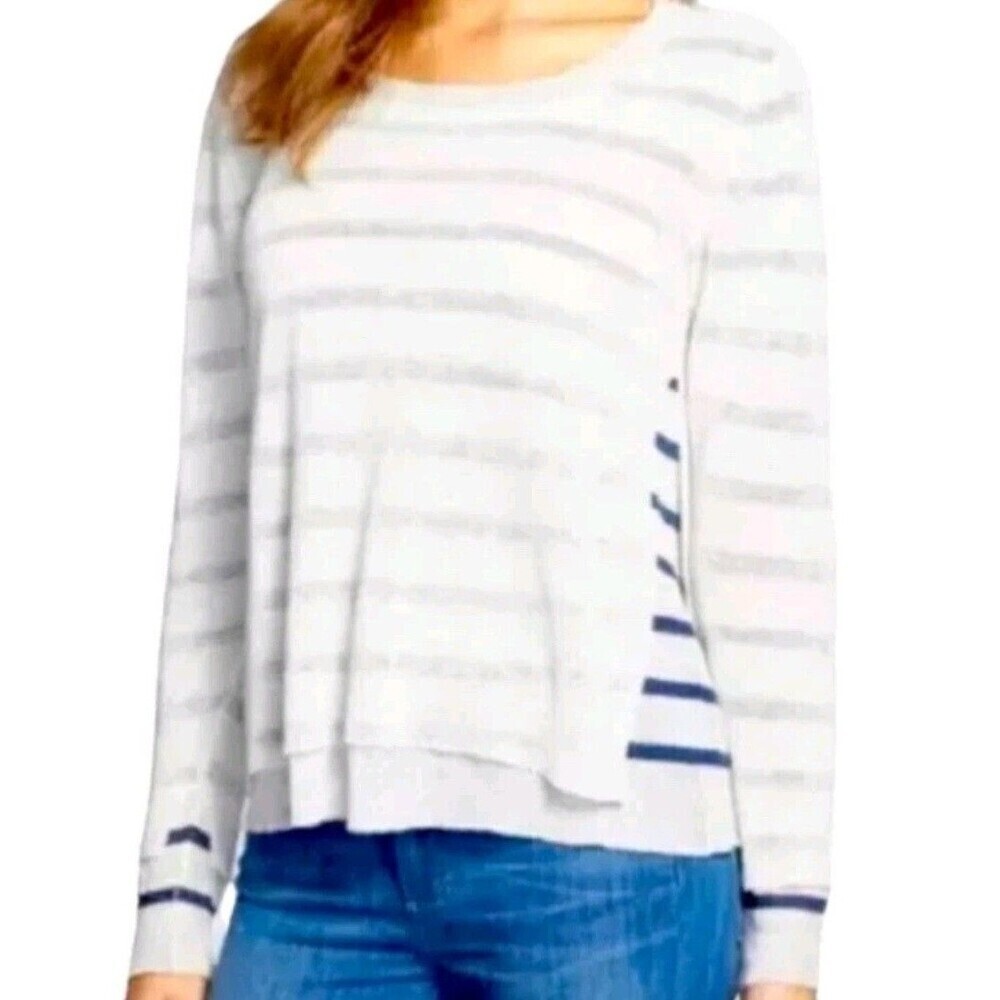 EILEEN FISHER Linen Blend Lightweight Sweater Blue Stripe Double Layer Size Sm